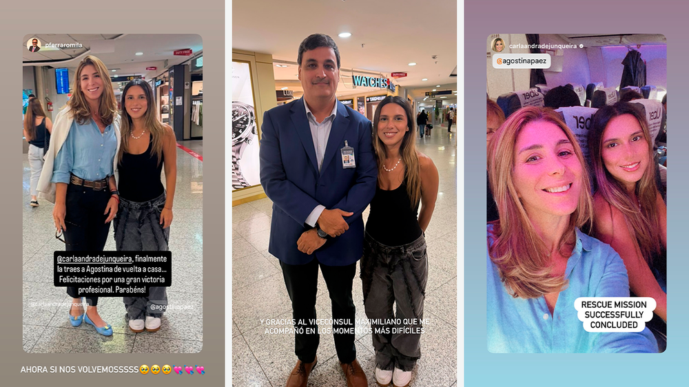 Publicaciones de Agostina Páez sobre su regreso a la Argentina.