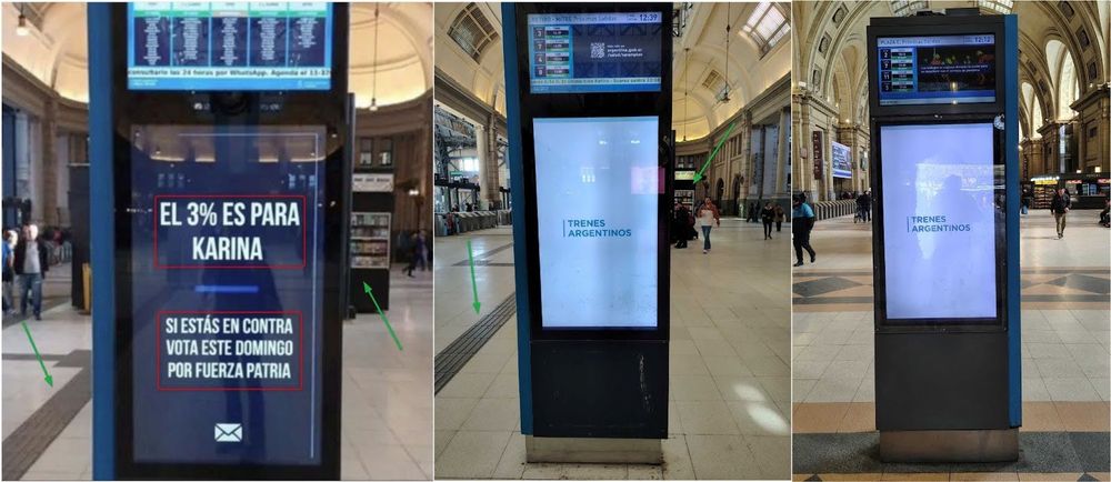 Comparación hecha el 5 de septiembre de 2025 de la imagen viral (I) y fotografías tomadas por la AFP de carteleras digitales en las estaciones de Retiro (C) y Constitución