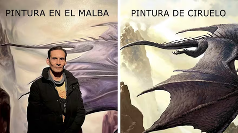 Los Andes | Un detalle de la pintura de Ciruelo de 2005 y el artista fotografiado en el MALBA frente a la obra de Carrie Bencardino