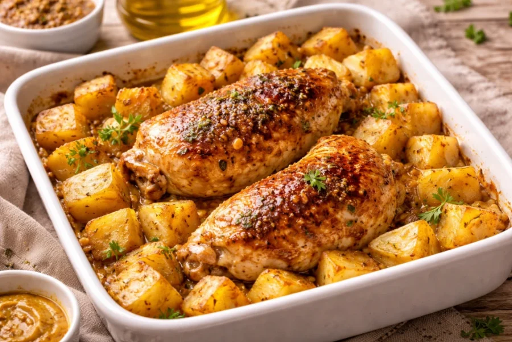 Martes de proteína: pollo a la mostaza al horno con papas, fácil de preparar y perfecto para varias porciones