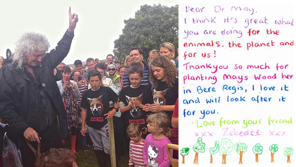 Carta de niño de la escuela local agradeciendo a Brian May por haber iniciado el proyecto de reforestación en 2013.