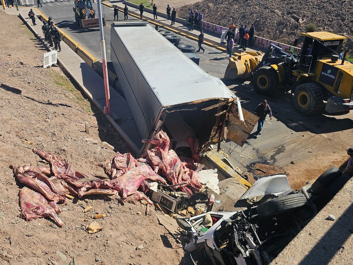 Camión desbarrancó en el Acceso Este y cayó sobre Cañadita Alegre.