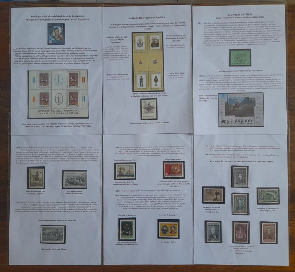 San Martín en distintas etapas de su vida, en diferentes estampillas. Colección Colombano.