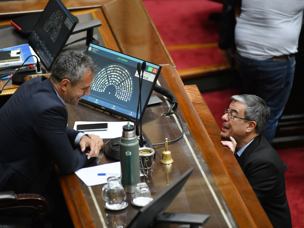 Los diputados Martin Menem y Gerardo Martínez durante la sesión especial en la Cámara de Diputados para debatir los proyectos que apuntan a investigar las responsabilidades del presidente Javier Milei y otros funcionarios del Poder Ejecutivo en la criptoestafa $LIBRA, así como una batería de proyectos en temas previsionales