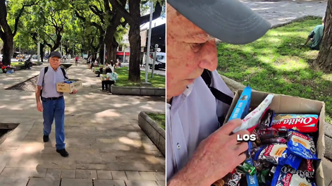 La dura realidad de un jubilado mendocino que sale a vender golosinas en la Alameda.