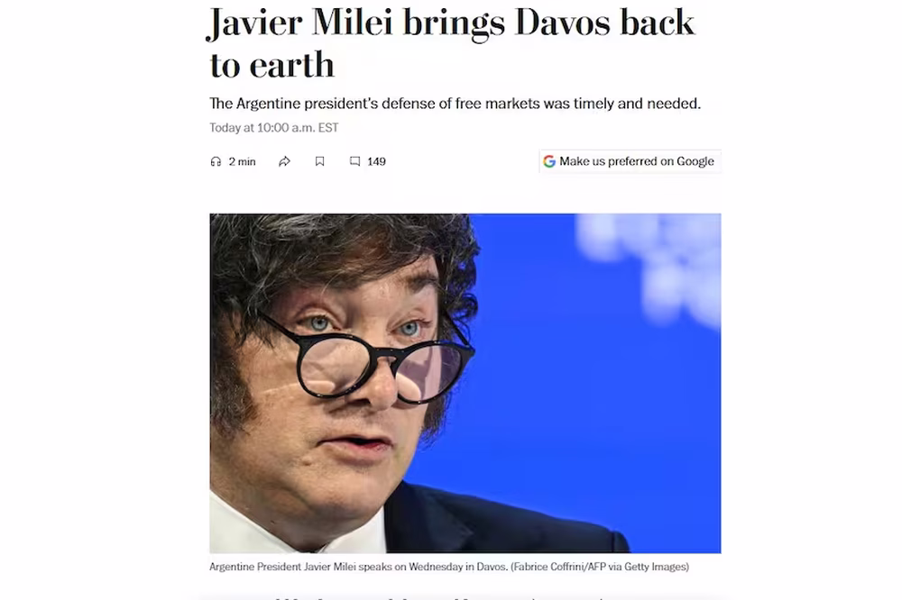 The Washington Post dedicó un editorial a Milei: Trae a Davos de vuelta a la realidad