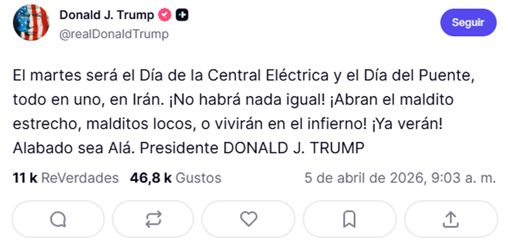 Publicación de Donald Trump contra Irán.