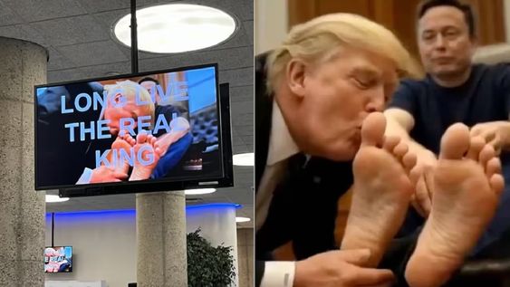 El bizarro vídeo en el que Trump le besa los pies de Elon Musk y que se mostró en las oficinas del gobierno. Foto: captura video.