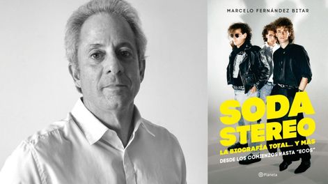 El periodista Marcelo Fernández Bitar y la portada de la biografía de Soda Stereo, actualizada hasta la gira Ecos.