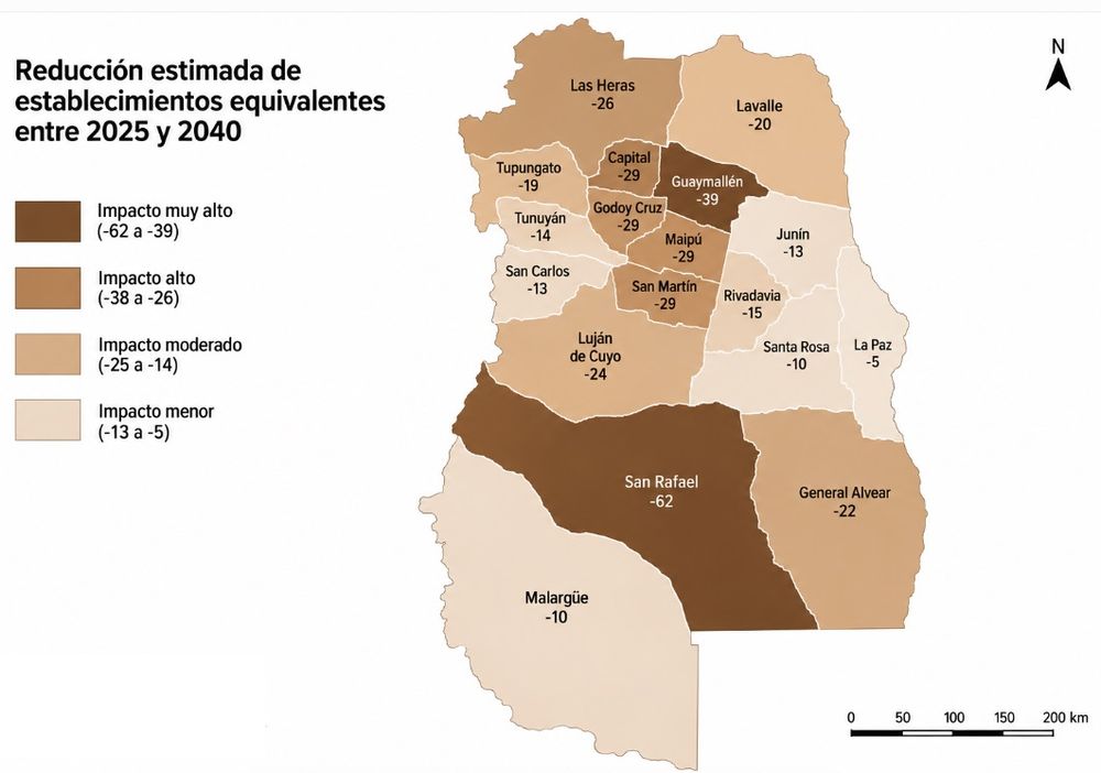 Reducción estimada de establecimientos educativos para Mendoza 2040. Mapa ilustrativo. Elaboración: Fernando Manzano