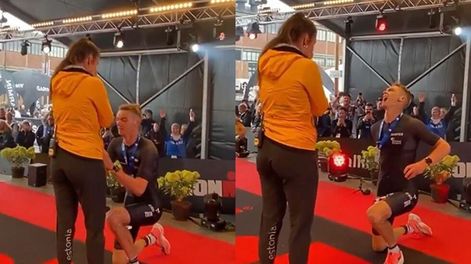 El triatleta español Moriatiel se fue de rodillas tras la llegada del Ironman de Tallin, provocándole un calambre.