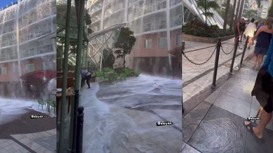 Capturas del video publicado por @eloy4k que muestran la cascada que produjo el desborde de la piscina. Foto: Instagram.