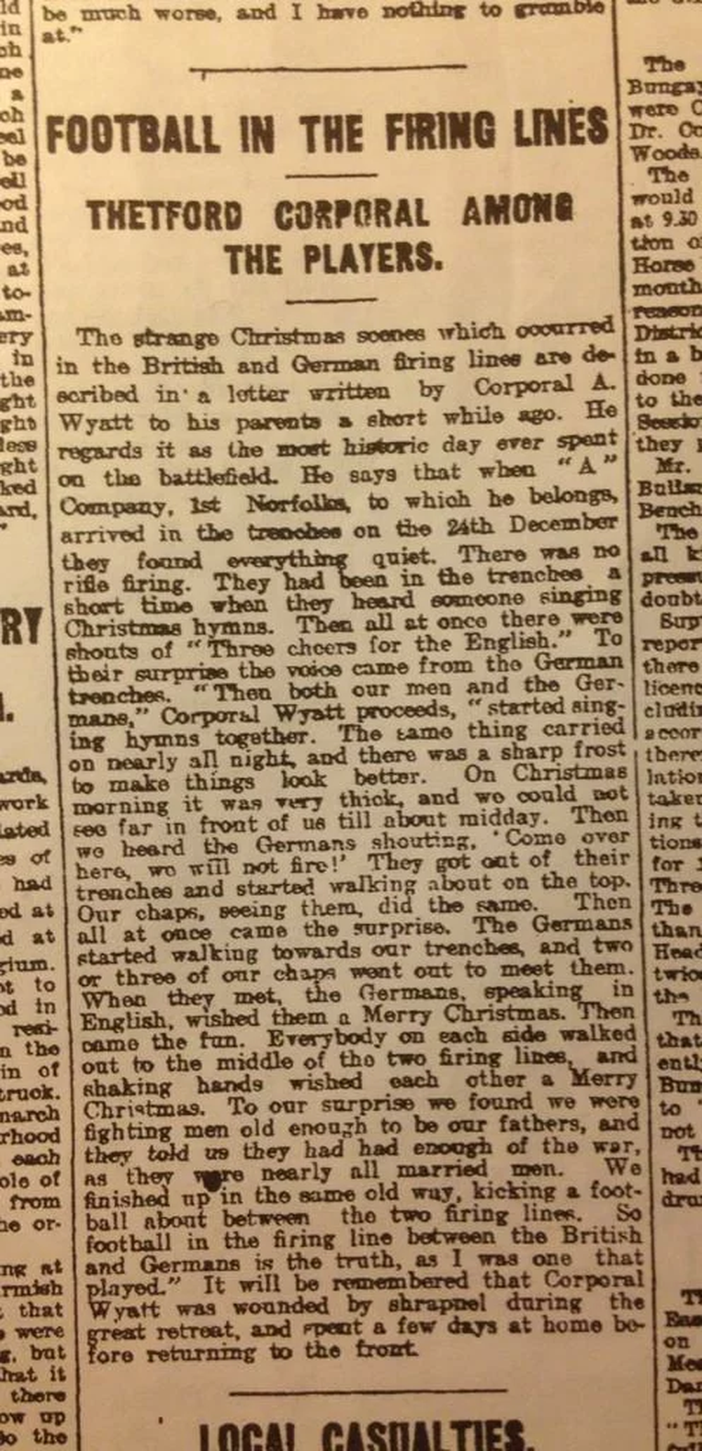 Un art&iacute;culo de prensa de 1914 reporta los partidos de f&uacute;tbol disputados durante la Navidad de 1914.