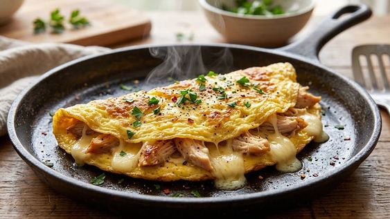 omelette relleno de pollo y queso: la receta facil, alta en proteinas y lista en menos 30 minutos para un almuerzo sencillo