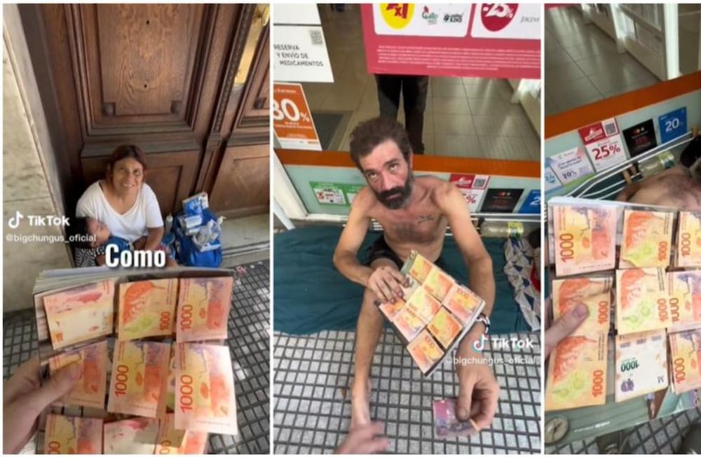 El joven argentino se enorgullece de poder ayudar a la gente, pero varios usuarios de la plataforma no apoyaron que se grabe dando limosna. Gentileza: 20 minutos.