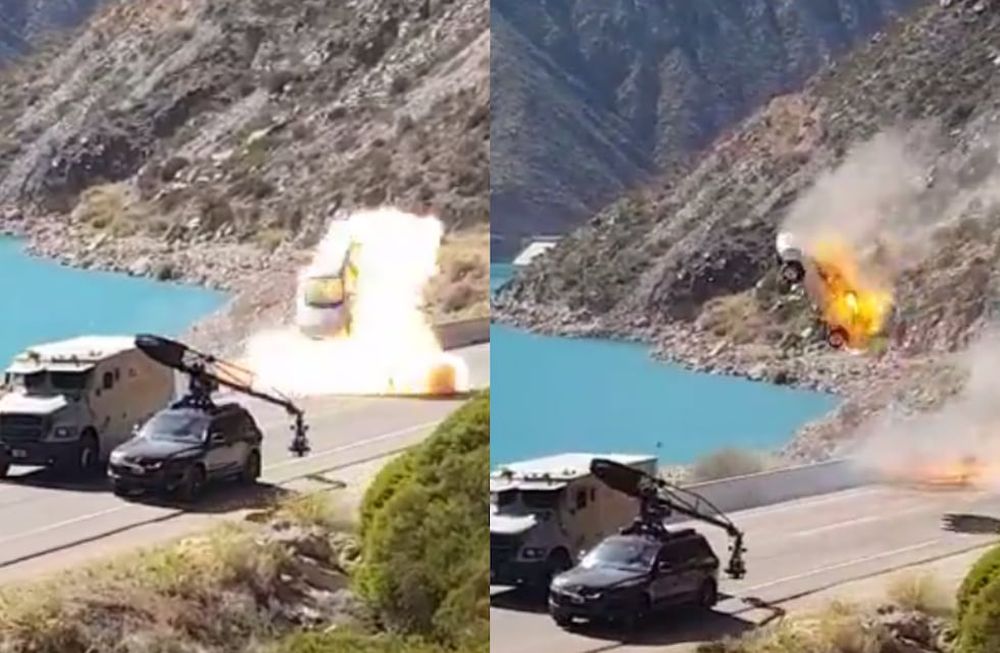 Escena de una persecución para la película Jaque Mate (Patagonik Films) filmada en Potrerillos, Luján de Cuyo. Foto: Captura video Hugo Gustavo Ortega / TikTok