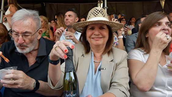 La actual ministra de Seguridad Nacional, Patricia Bulrrich, asistió a la Vendimia 2023 y estuvo en el placo en el Carrusel de las Reinas. Foto: Orlando Pelichotti