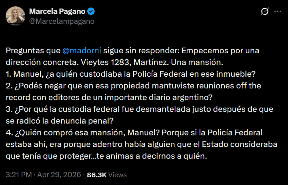 Posteo de Pagano cuestionando a Adorni.