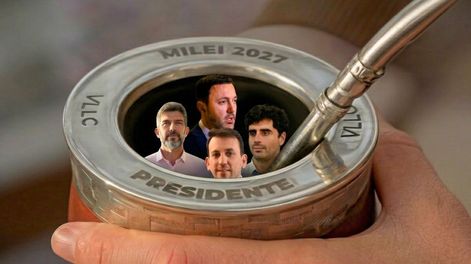 Precandidatos a gobernador del oficialismo: Ulpiano Suárez, Luis Petri, Natalio Mema y Tadeo García Zalazar. Foto: creación de la IA Gemini.&nbsp;