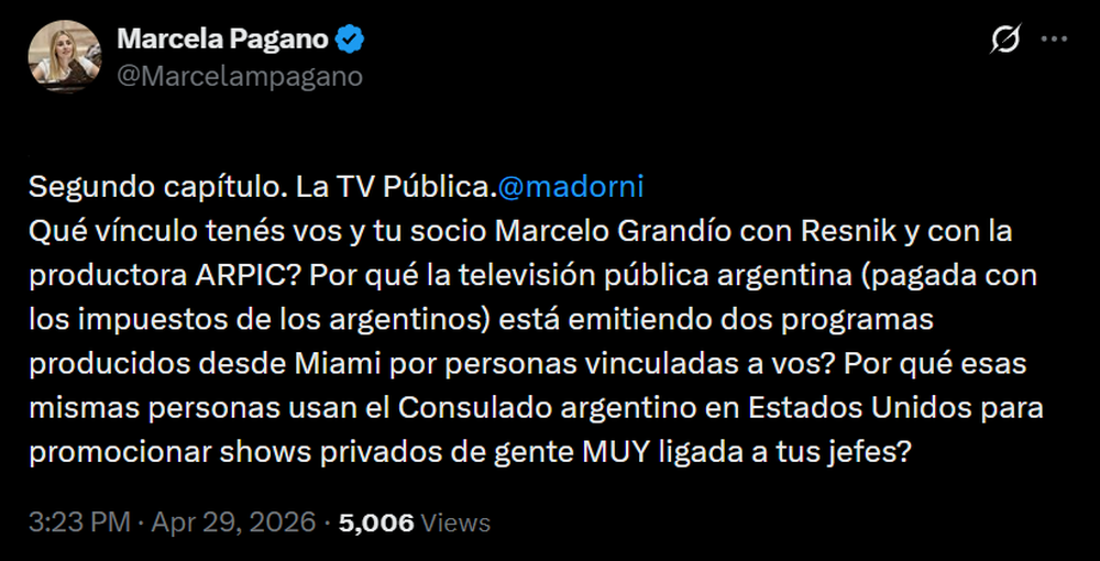 Posteo de Pagano cuestionando a Adorni.