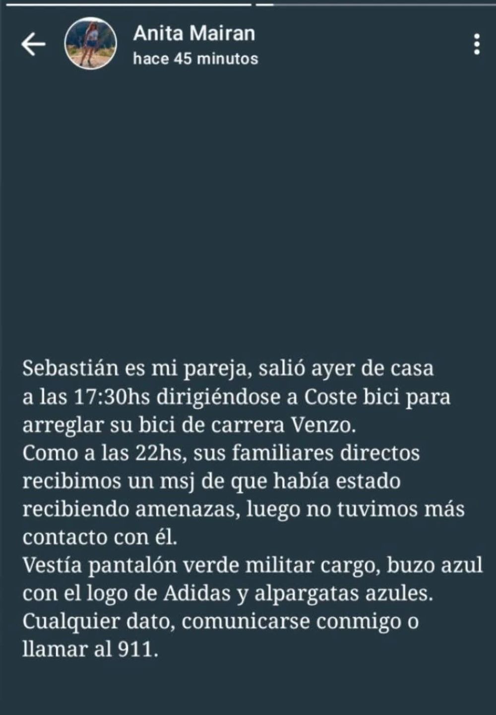 Jesús Sebastián Esquivel, de 35 años, fue visto por última vez el lunes por la tarde cuando salió de su casa en bicicleta rumbo a un taller. Horas después envió mensajes en los que advertía haber recibido amenazas y desde entonces no se tiene contacto con él.