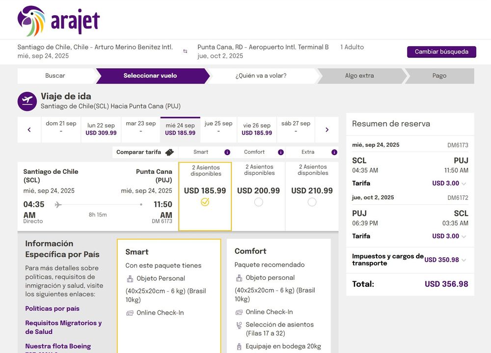 Arajet ofrece planes Smart, Comfort y Extra para ajustar la comodidad y servicios seg&uacute;n cada pasajero.