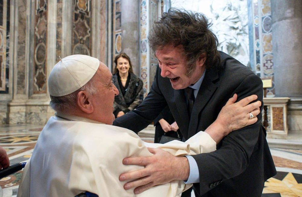 Vatican City (Vatican City State (holy See)), 11/02/2024.- A handout picture provided by the Vatican Media shows Pope Francis meets Argentinas President Javier Milei in St. Peters Basilica prior to the Mass for Canonization of Maria Antonia of Saint Joseph de Paz y Figueroa, Vatican City, 11 February 2024. On the anniversary of the first apparition of the Blessed Virgin Mary in Lourdes, Pope Francis canonized Maria Antonia of Saint Joseph de Paz y Figueroa, also known as Mama Antula, the founder of the House for Spiritual Exercises of Buenos Aires. (Papa) EFE/EPA/VATICAN