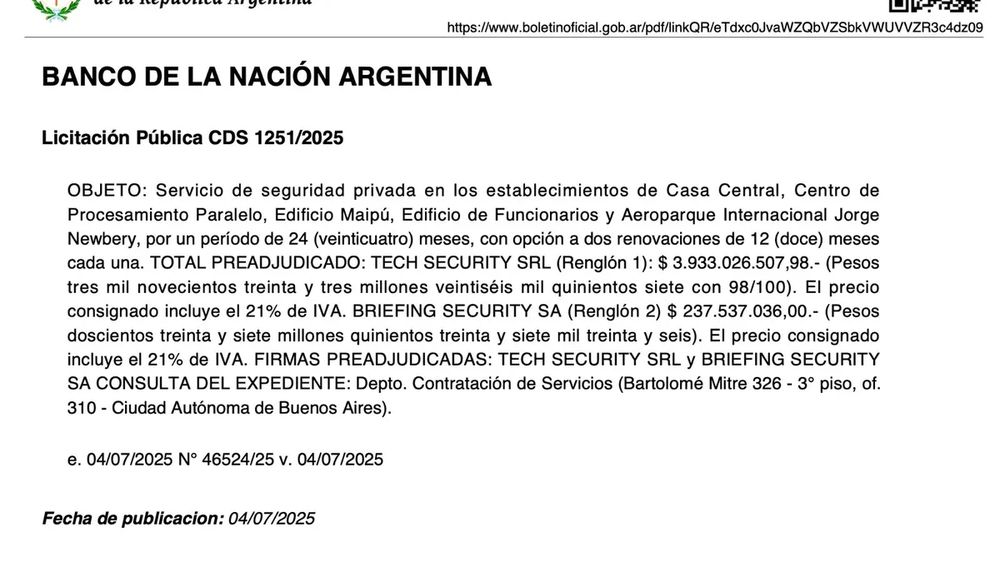 Una empresa de la familia Menem se adjudicó un contrato millonario con el Banco Nación.