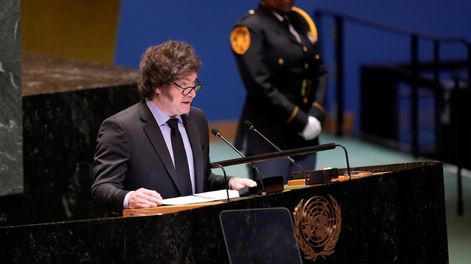 El presidente Javier Milei, al exponer por primera vez en la 79° Cumbre de la ONU en Nueva York. (AP / Seth Wenig)