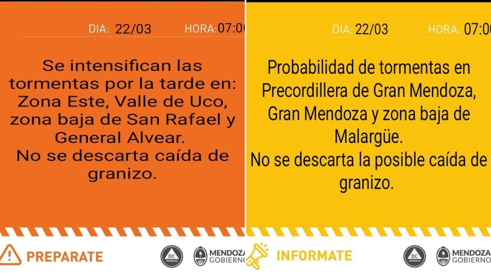 Alerta naranja y amarilla por tormentas en Mendoza.