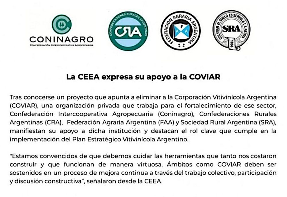 Las principales entidades rurales del país apoyan a la Coviar frente al proyecto que busca su eliminación
