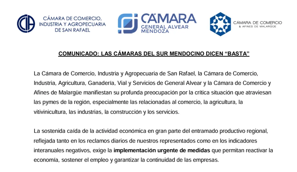 Parte del comunicado enviado por las cámaras empresarias del Sur de Mendoza