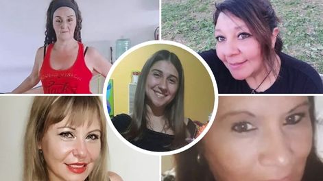 Cinco víctimas de femicidio en Mendoza en lo que va de 2025. De izq. a der. y de arriba a abajo: Antonia Falcón, Alejandra Cuevas, Eliana Valeria Speziale y Verónica Magallanes. En el centro, Carla Del Souc. 