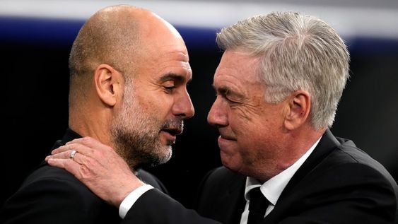 Los entrenadores Pep Guardiola y Carlo Ancelotti, de Manchester City y Real Madrid, respectivamente. / Gentileza.