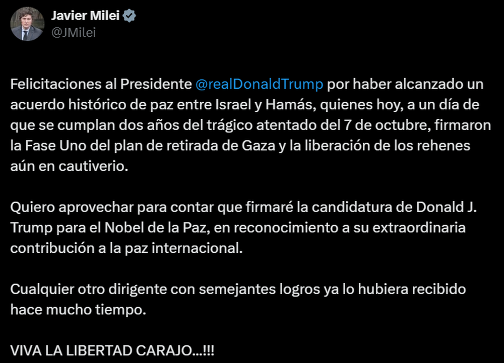 El posteo de Javier Milei.
