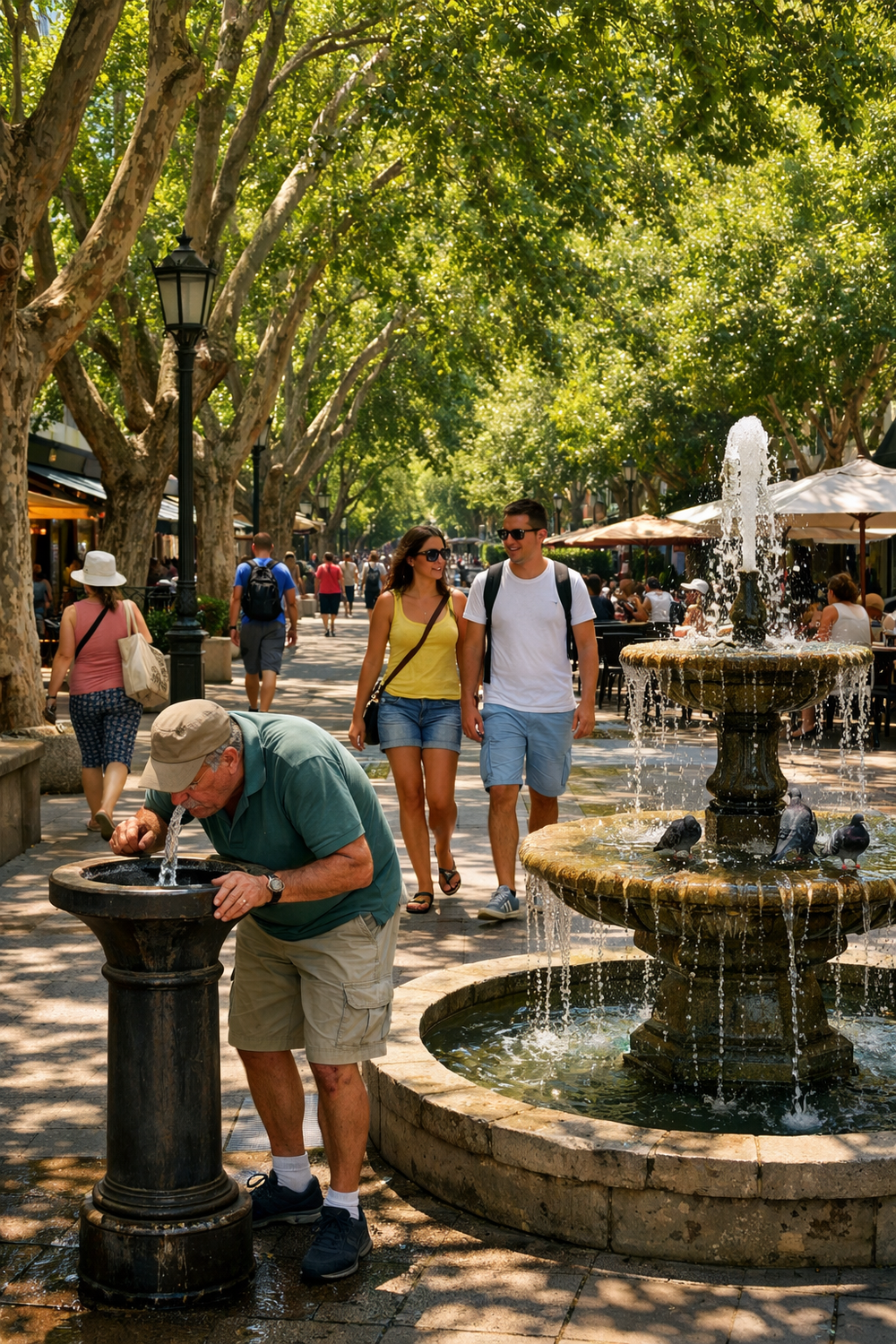 Sombra y líquido. Imagen de calle sombreada con acceso a agua potable para hidratarse. Completa una fuente que contribuye a refrescar el ambiente.  