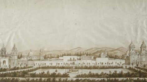 Los Andes | P. Mousse. Litografía de un dibujo de Pallière. Vista de la ciudad de Mendoza, tomada desde el Cabildo. 1860. Instituto Nacional Sanmartiniano. Buenos Aires.