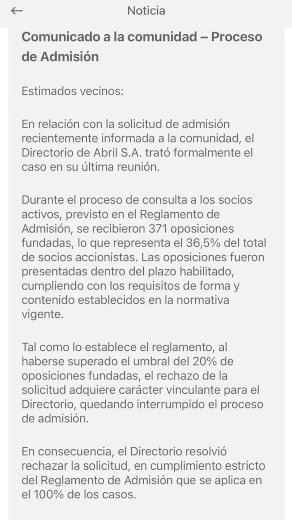 The statement from the board of directors of Abril Country Club.