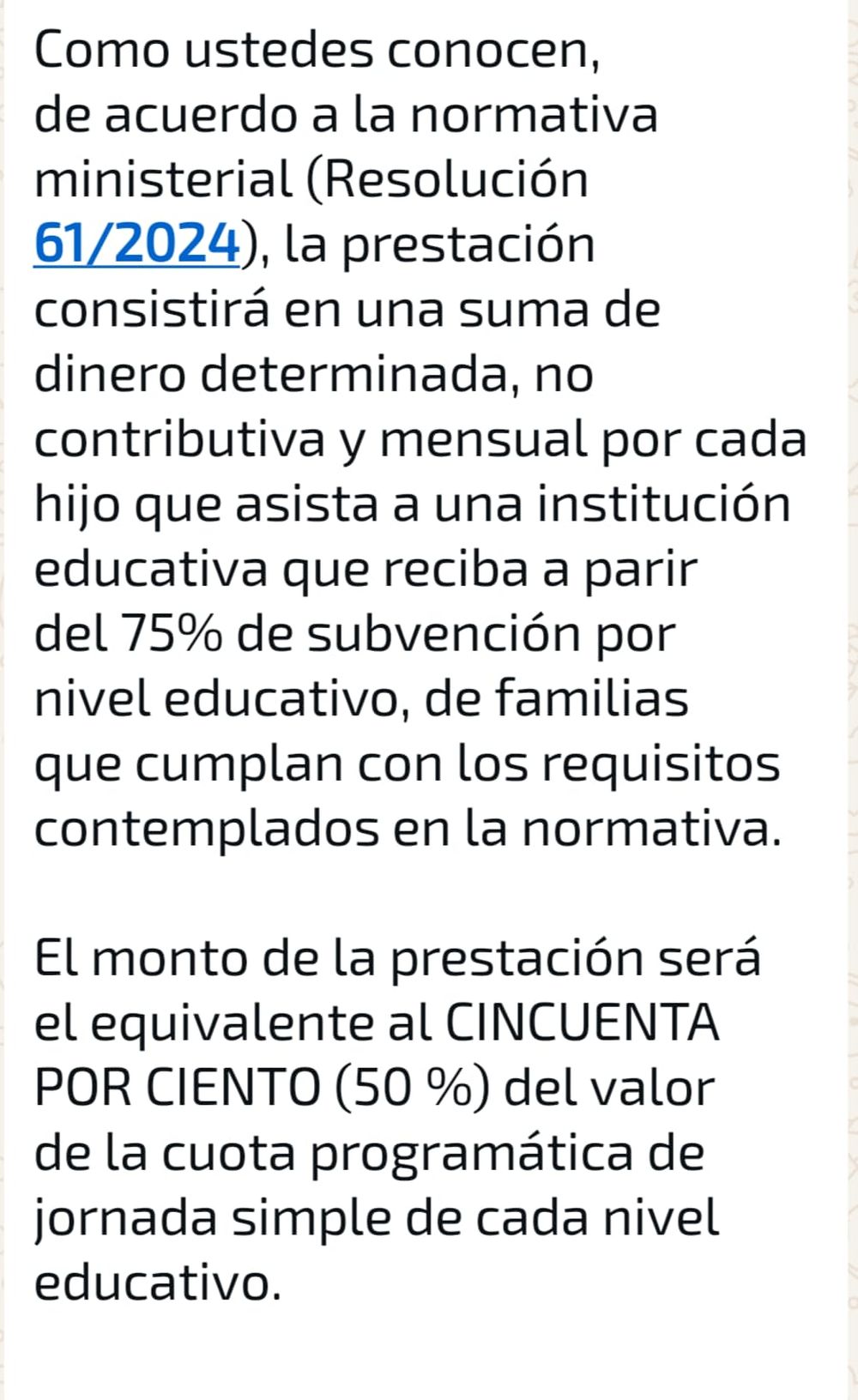 Captura que circula por WhatsApp con la fecha estimada para la inscripción al programa de Vouchers Educativos 2025.