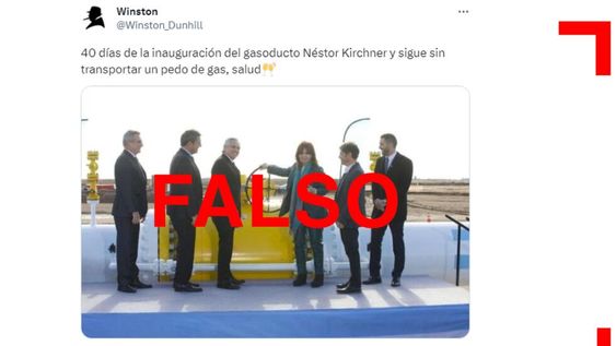 Es falso que el gasoducto Néstor Kirchner no esté transportando gas. Es falso que el gasoducto Néstor Kirchner no esté transportando gas.