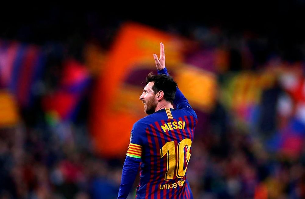 AP | 05/08/2021 @ 17:50  FILE - In this April 16, 2019 file photo Barcelona forward Lionel Messi celebrates after scoring his sides second goal during the Champions League quarterfinal, second leg, soccer match between FC Barcelona and Manchester United at the Camp Nou stadium in Barcelona, Spain. (AP Photo/Manu Fernandez, File)