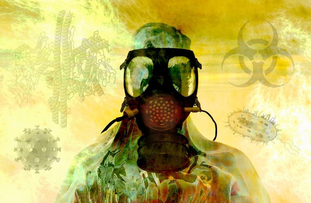 Illustration of Risk, showing a person in a hazardous materials suit and face mask surrounded by toxic fumes, biohazard symbol, bacteria, virus, and botulism neurotoxin.