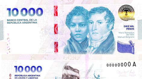 El nuevo billete de $10.000 con Manuel Belgrano y María Remedios del Valle (BCRA)