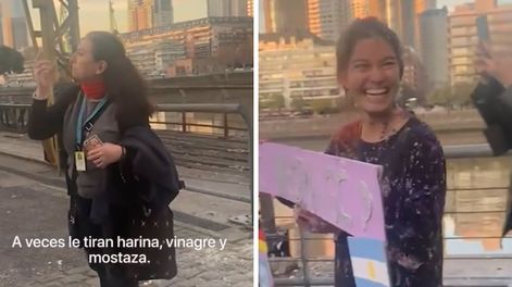 Una joven que se acababa de recibir capturó al atención de turistas extranjeros, cuando sus amigos la enchastraron con huevos y harina.