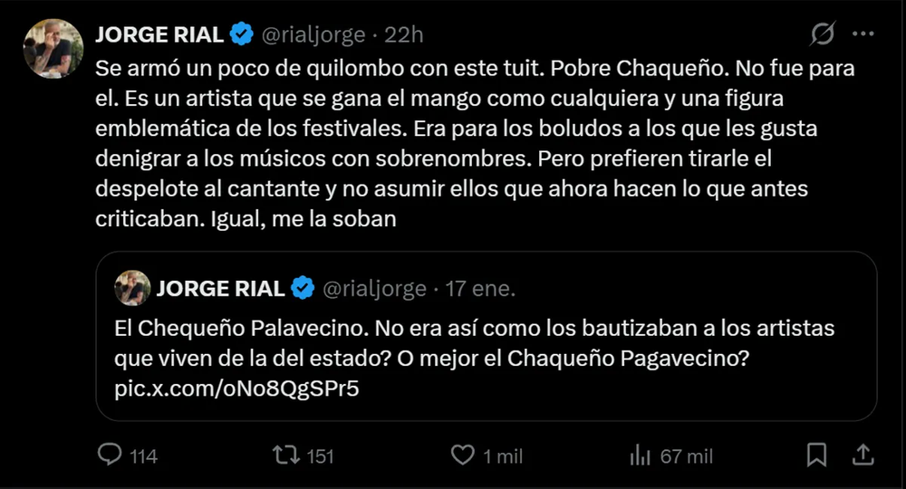 El tuit de Jorge Rial a El Chaqueño Palavecino por subir a Javier MIlei al escenario.