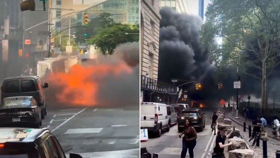 Pánico en Nueva York: un auto explotó y se incendió a metros del Toro de Wall Street.