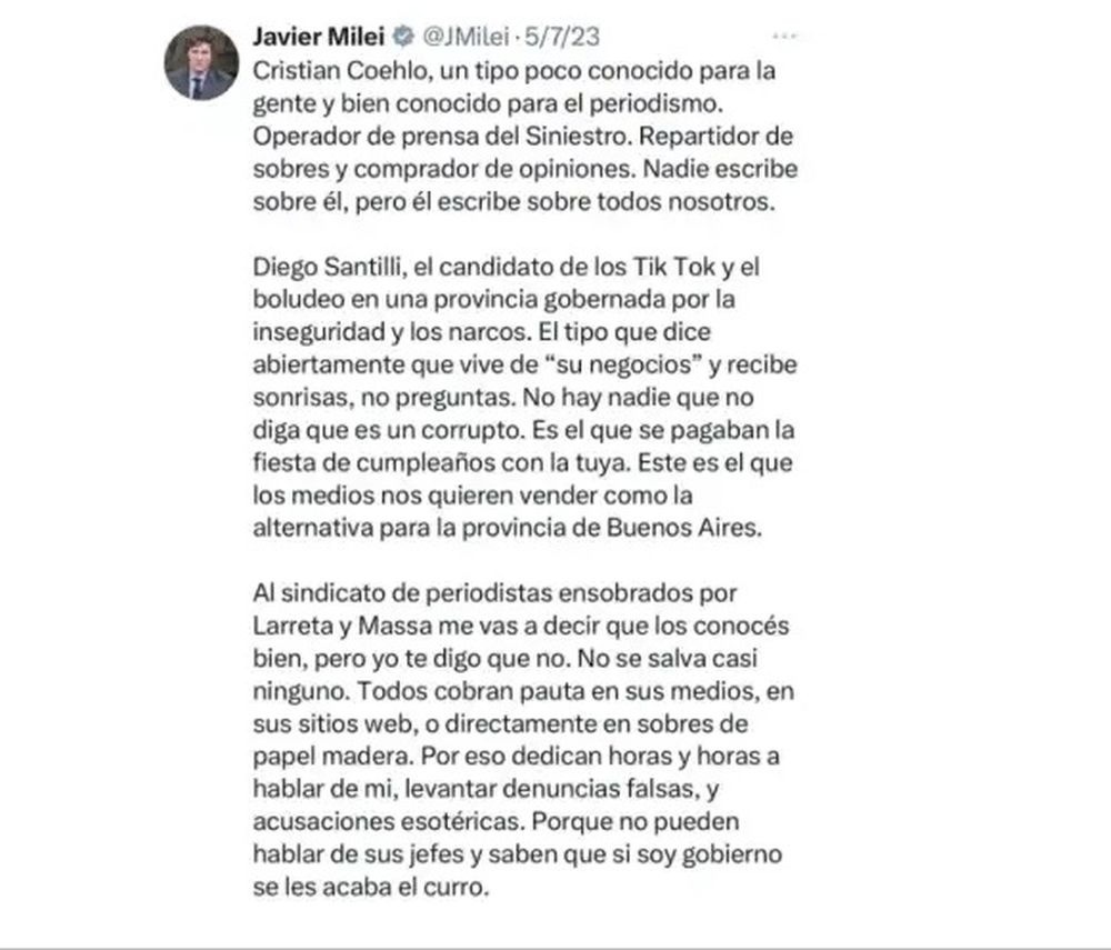 Milei hablaba mal de Santilli en 2023