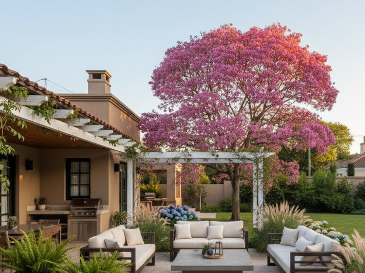 En el jardín, las plantas y la jardinería celebran la sombra del lapacho.
