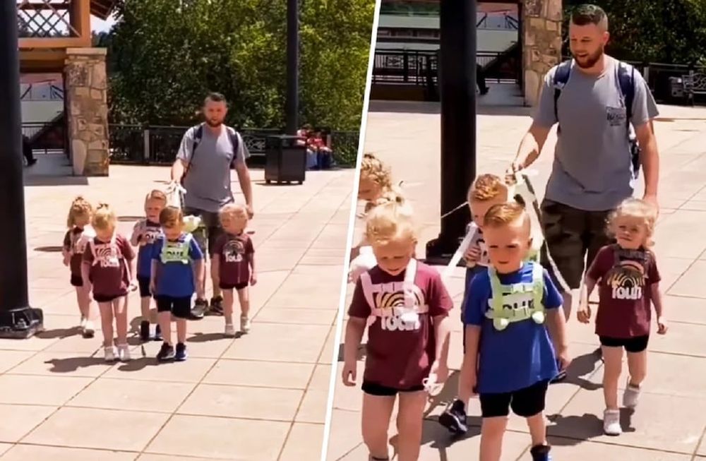 Un papá pasea a sus hijos con correa y hay polémica en las redes sociales (Captura de video)