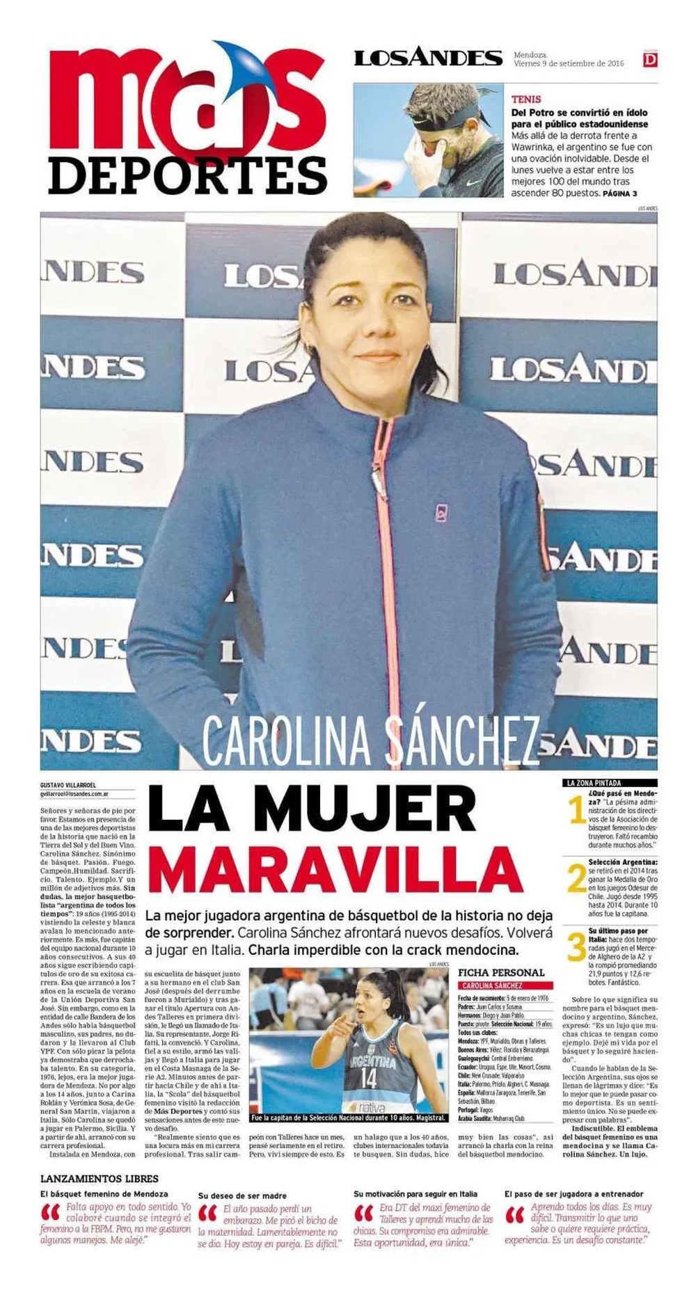 Carolina Sánchez, tapa del Más Deportes, el 9 de setiembre de 2016. Cracl- 